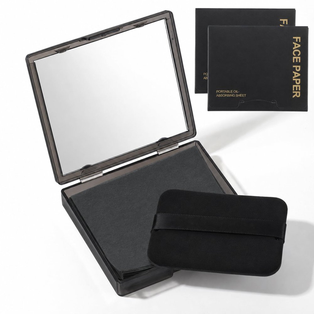 Qianyu 300 Sheets Oil Blotting Paper for Face with Mirror Puff & Refills, Controls Shine Film Absorbs Excess Oil for Oily Skin Travel Size Summer On-the-Go Essential for Flawless Matte Finish Makeup
