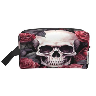 Dusviba Skull Floral Roses Pattern Toiletry Bag Travel Cosmetic Bag Large Capacity Makeup Bag Portable Organizer Pouch Oxford Fabric Waterproof Storage Bag for Women Men Travel Gym