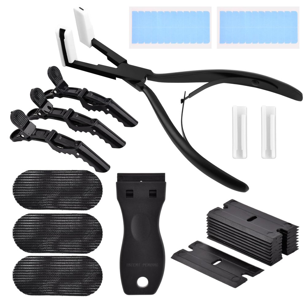 Tape in Hair Extension Tools Kit, Stainless Steel Plier, Remover Scraper, Clips & Tape for Tape-in Extensions, Black Styling Set for Home & Salon Use