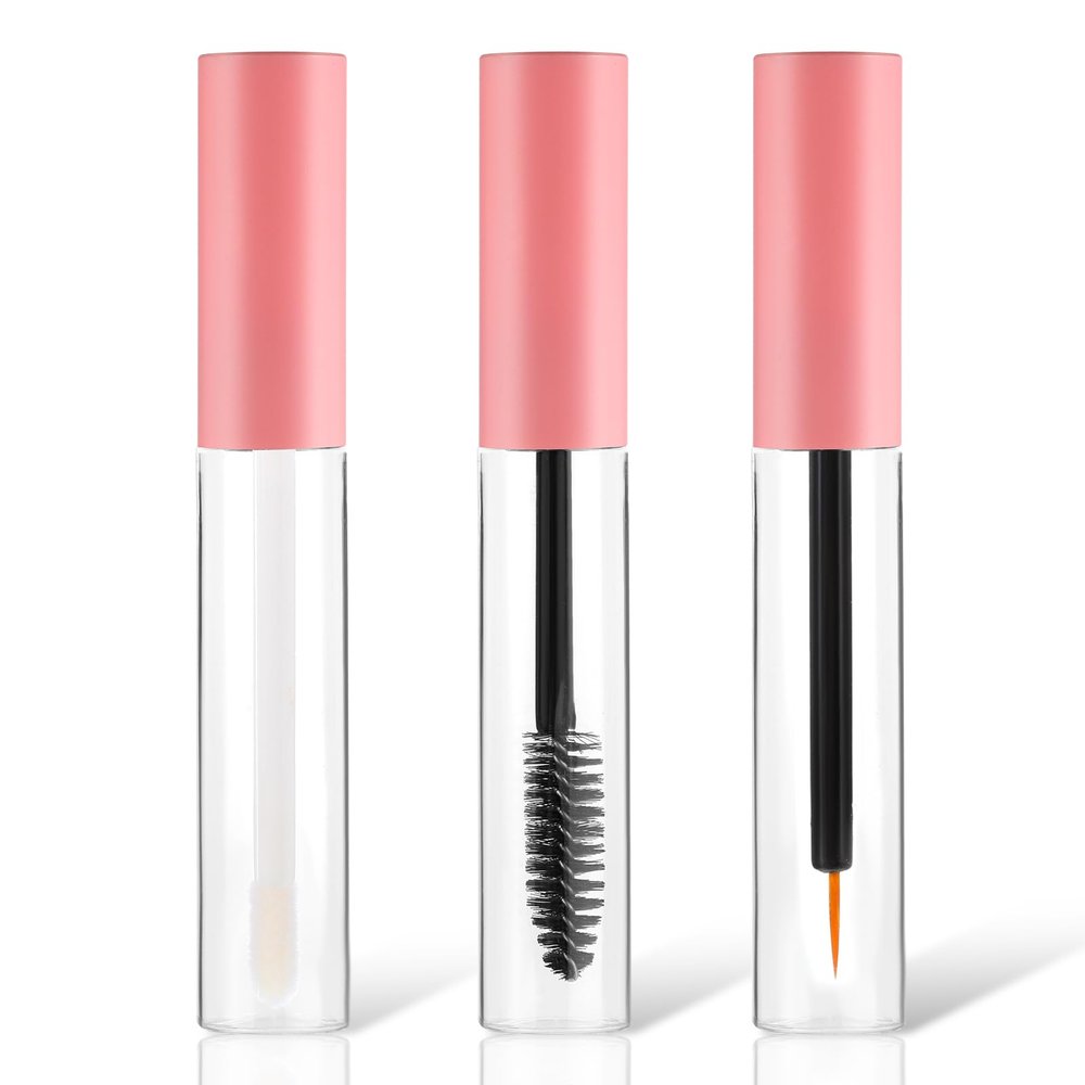 3 PCS Mascara Tube, 10ml Empty Mascara Tubes with Wand Plastic Eyeliner Tube Lip Gloss Tubes and Eyelash Cream Container Bottle with 3 Clear Leak Stoppers for Travel DIY Cosmetics, Pink