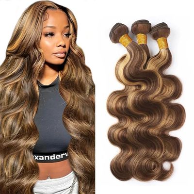 300g P427 Highlight Brown Bundles Human Hair Honey Blonde Body Wave 3 Bundles 24 26 28 Inch 2 Tone #4 Chocolate Brown and #27 Honey Blonde Bundle Human Hair Extensions