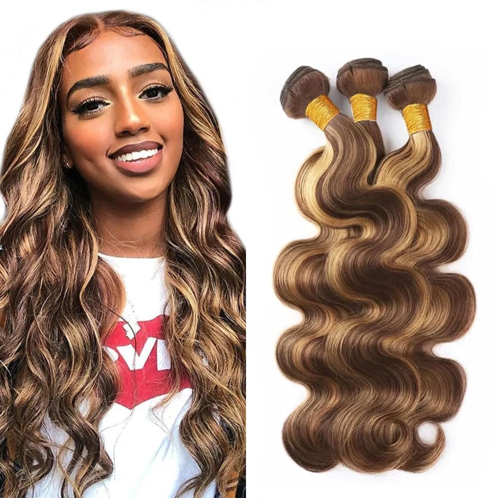 300g P427 Highlight Brown Bundles Human Hair Honey Blonde Body Wave 3 Bundles 18 20 22 Inch 2 Tone #4 Chocolate Brown and #27 Honey Blonde Bundle Human Hair Extensions