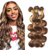 300g P427 Highlight Brown Bundles Human Hair Honey Blonde Body Wave 3 Bundles 18 20 22 Inch 2 Tone #4 Chocolate Brown and #27 Honey Blonde Bundle Human Hair Extensions view 1