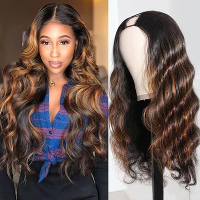 Highlight Ombre U Part Human Hair Wig Body Wave Drawstring Wig 180Density U Part Wig Brazilian Virgin Human Hair Wigs for Black Women Full Head Clip in Half Wig Glueless No Leave Out Wigs 30inch #FB30
