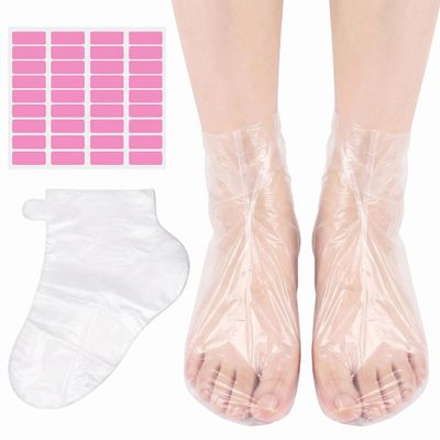 IIUIKOO 400PCS Disposable Plastic Foot Covers for Feet - Leak-Proof Paraffin Wax Bags with Stickers for Snug Closure, Moisturizing Booties for Dry Cracked Heels and Spa Pedicure