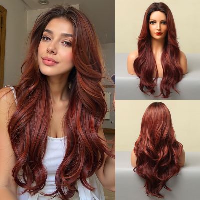 Aestrope Human Hair Wigs Long Curly Center Part Bangs Ombre Wine Red Layered Big Wavy Breathable Cap Lightweight For Women Daily Use (Ombre Burgundy)