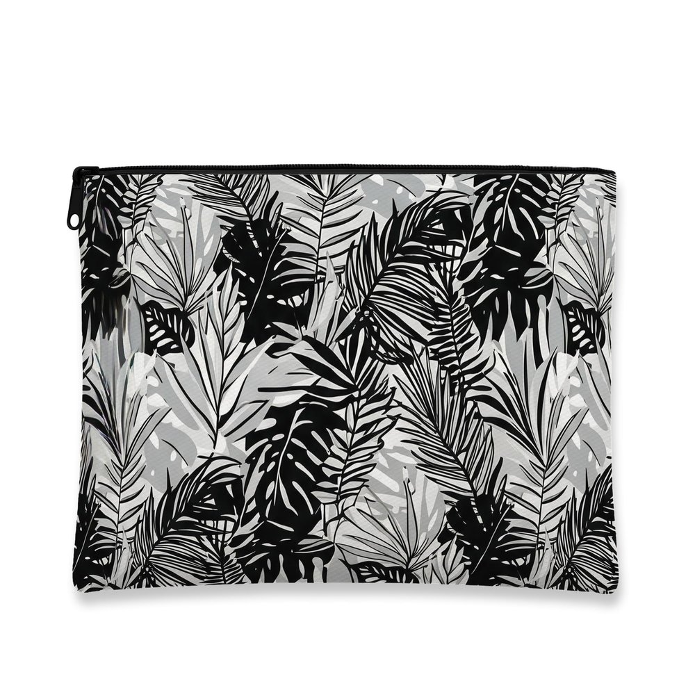 Tropical Modern Makeup Bag, Black White Leaf Cosmetic Travel Pouch for Women, Portable Canvas Zipper Organizer, Summer Skincare Toiletry Bag 7x9 Inch