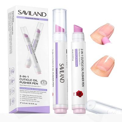 SAVILAND 2-In-1 Cuticle Remover Pen Ceramic 45 Textured Tip Rose Oil 2PCS