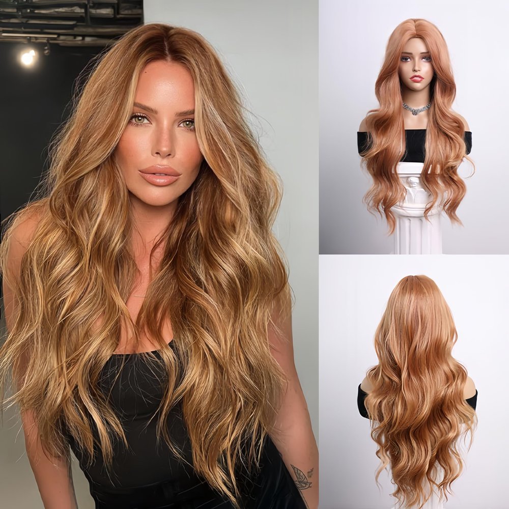 Aestrope Human Hair Wigs Long Wavy Center Part Bangs Peach Gold Layered Curly Breathable Cap Lightweight Adjustable Straps For Women Daily Use (Peach Blonde)