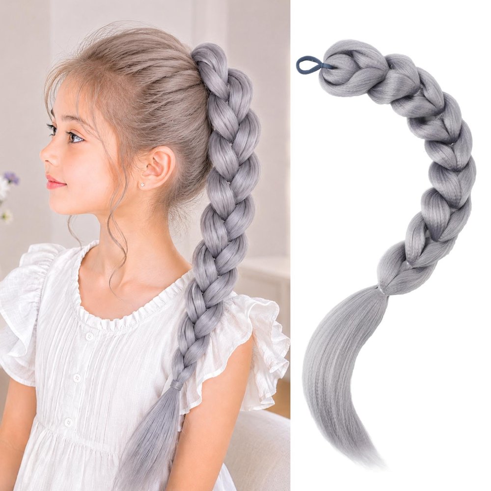 Braided Ponytail Extensions with Hair Ties 24 inch Gray Braids Ponytail Hair Pre Braiding Hair Extensions for Halloween Costume Cosplay