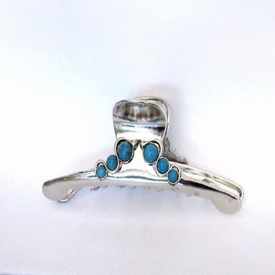 Large shiny turquoise blue silver metal western hair claw clip