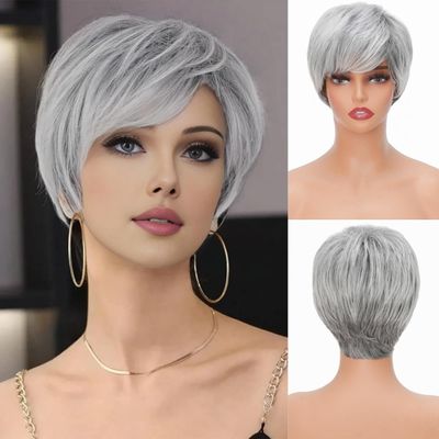 Miradin Short Grey Pixie Wig for Women With Bangs Synthetic Wig Heat Resistant Natural Looking Wig Daily Party Costume Halloween Use