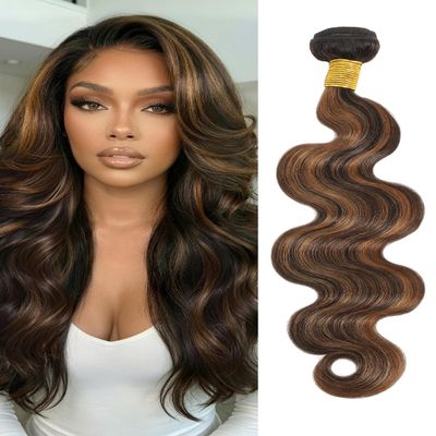 ANMETAN Highlight F1B/30 Body Wave Human Hair Bundle 24 Inch, Single Wavy Black and Brown Highlight 12A Unprocessed Remy Hair, Thick and Bouncy Balayage Honey Blonde Colored