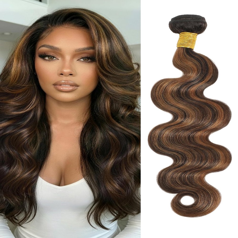 ANMETAN Highlight F1B/30 Body Wave Human Hair Bundle 24 Inch, Single Wavy Black and Brown Highlight 12A Unprocessed Remy Hair, Thick and Bouncy Balayage Honey Blonde Colored