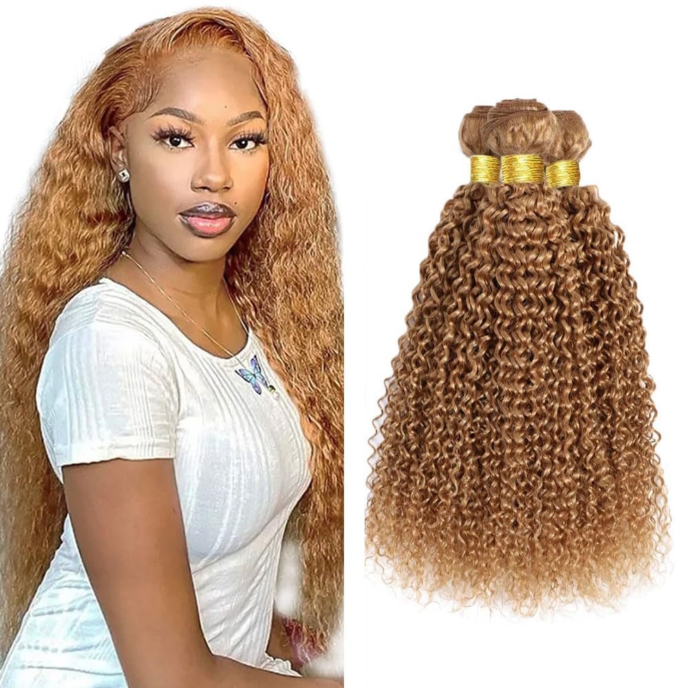 Honey Blonde Kinky Curly Bundles 22 24 26 Inch Brazilian Unprocessed Virgin Hair Extensions Color #27 Curly 3 Bundles 150g