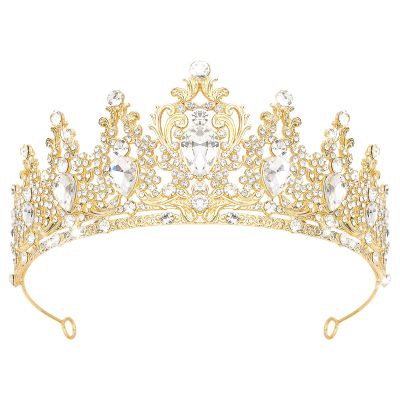 Queen Crown Rhinestone Wedding Crowns and Tiaras for Women Costume Party Hair Accessories Princess Birthday Crown Crystal Bridal Crown (Gold+White-A)