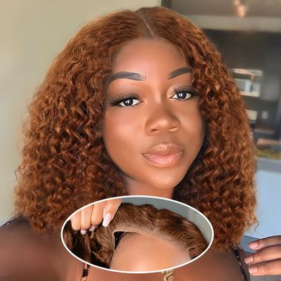 Amygirl Wear and Go Glueless Wigs Human Hair Pre Plucked Pre Cut Bob 4x4 Curly Wave Lace Front Wigs Human Hair 180% Density No Glue Human Hair Wigs for Black Women, Auburn, 12 Inch