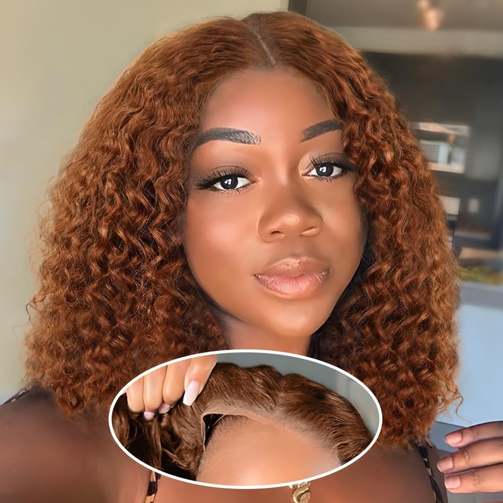 Amygirl Wear and Go Glueless Wigs Human Hair Pre Plucked Pre Cut Bob 4x4 Curly Wave Lace Front Wigs Human Hair 180% Density No Glue Human Hair Wigs for Black Women, Auburn, 12 Inch
