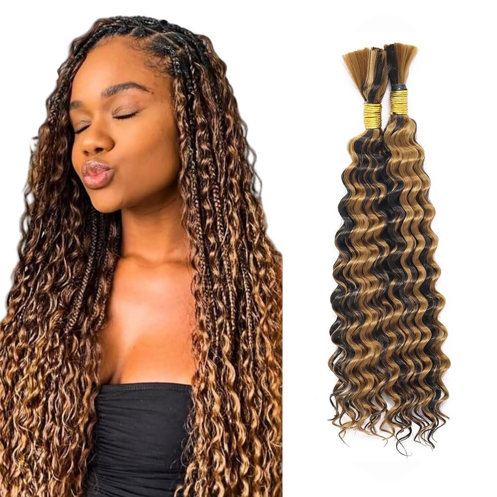 28 28 Inch P427 Human Braiding Hair Highlight Boho Human Hair for Braiding Deep Wave Bulk #27 Human Boho Braiding Hair Extensions for Boho Braids 110g