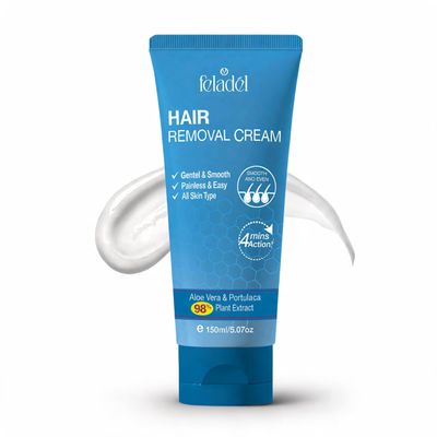 FELADEL Hair Removal Cream Fast from 4 Minute Painless Hair Removal for Chest, Arms, Legs & Body Gentle Formula with Aloe Vera & Portulaca For All Skin Type 150ml Recommended For Her.