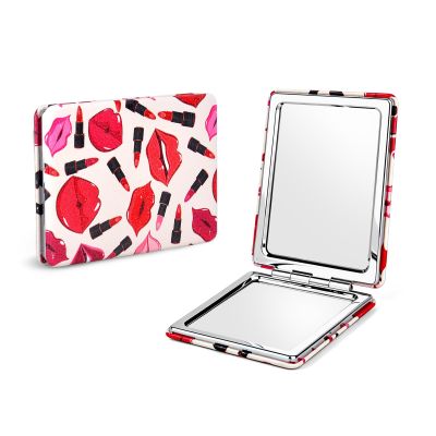 2-Pack Stylish Compact Travel Makeup Mirrors for Girls Women, Double-Sided Foldable Vanity Mirror with 1x & 2x Magnification, Slim Handy Cosmetic Mirror for Pocket Purse Handbag (Bright Red)