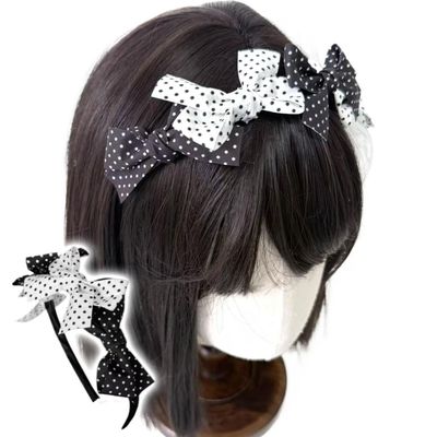 JOLILUNA Y2K Whimsy Twee Polka Dot Bow Headband Accessories Black White Sweet Hair Band (Polka dot)