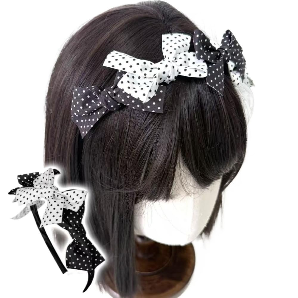 JOLILUNA Y2K Whimsy Twee Polka Dot Bow Headband Accessories Black White Sweet Hair Band (Polka dot)