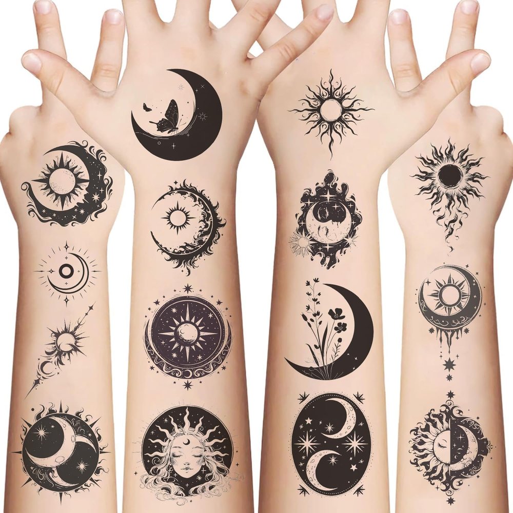 10 Sheets 60PCS Sun Moon Temporary Tattoos, Black Boho Celestial Fake Tattoos, Waterproof Skin Safe Sun Moon Star Patterns, Party Favors Teacher Classroom Rewards