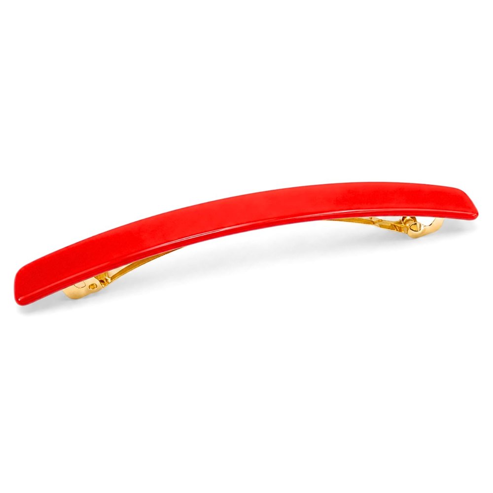 French Amie Long and Skinny Bar Large 4 1/4" Cellulose Acetate Handmade Automatic Hair Clip Barrette with No Slip Sturdy Silver Clasp for Women and Girls, Made in France (Red)