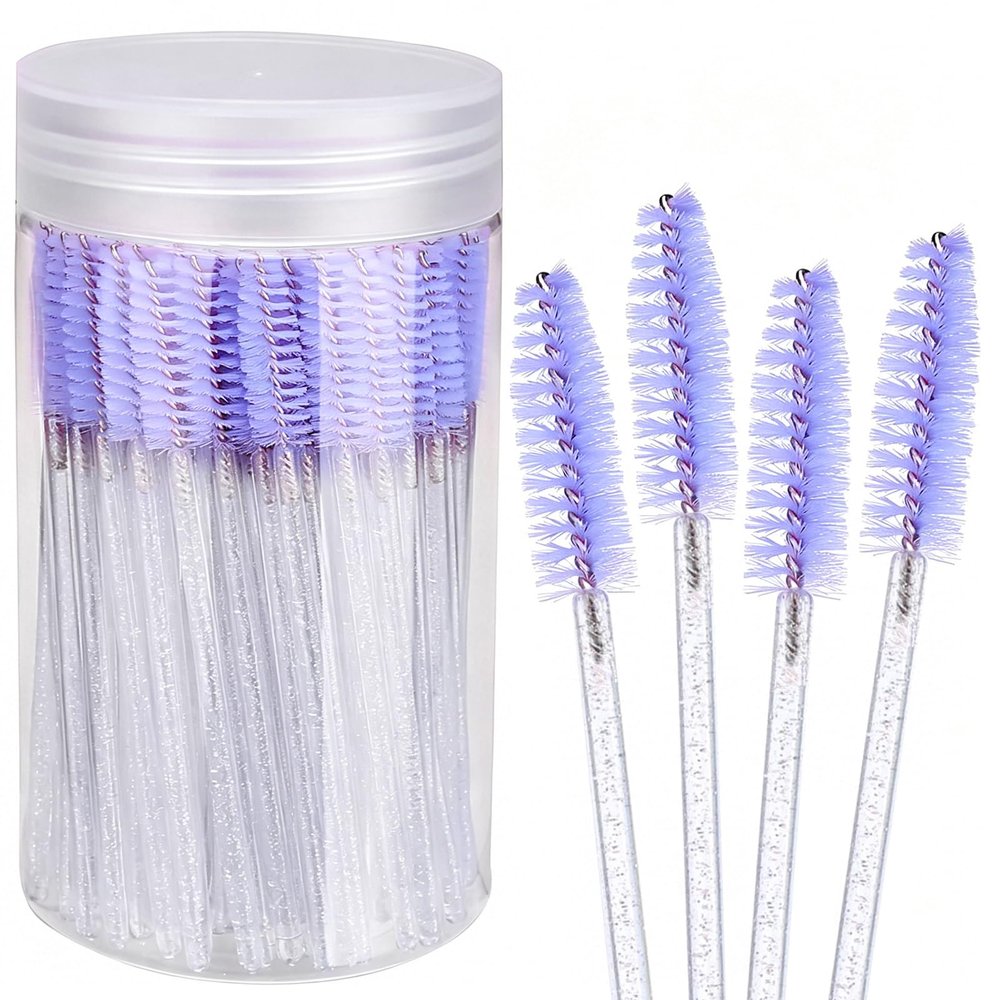 Elisel 100pcs Disposable Mascara Brushes with Container, Mascara Wands Makeup Brushes Applicators Kits for Eyelash Extensions and Eyebrow Brush (Light Purple)