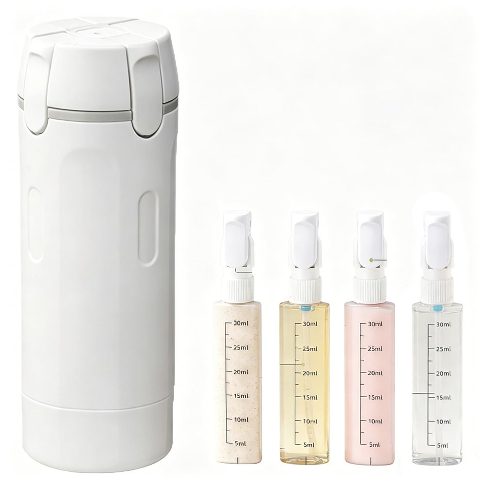DIKJAK 4-in-1 Detachable Travel Dispenser Bottles Set Foldable Pump Leak-Proof, Carry-On Compliant 30ml/1OZ Refillable Containers for Shampoo Lotion Body Wash with Protective Case