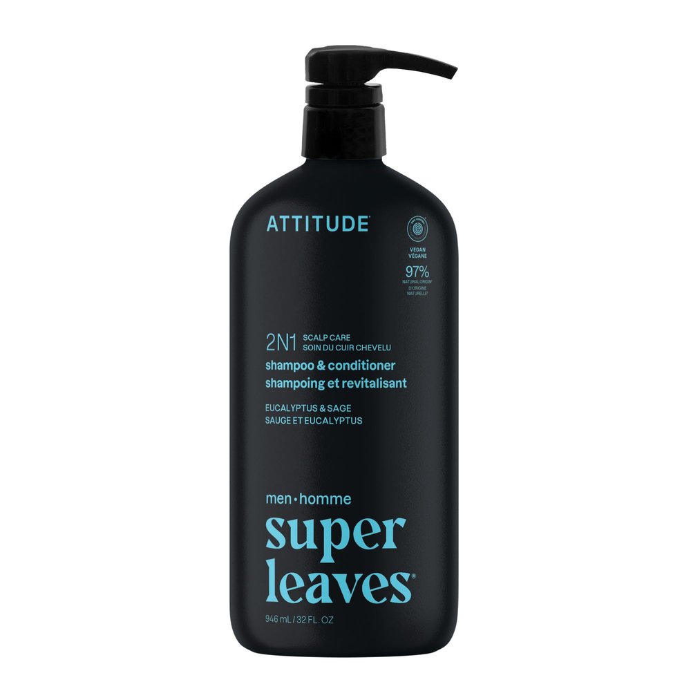 ATTITUDE Men's Shampoo and Conditioner 2-in-1, Scalp Care for Build Up & Oily Hair, Refresh With Peppermint & Willow Extract, 97% Natural Origin Ingredients, EWG Verified, Eucalyptus & Sage, 32 Fl Oz