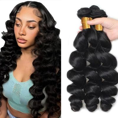 Natural Black Human Hair Bundles #1B Loose Wave Bundles 16 16 16 Inch Double Weave Weft Black Deep Loose Human Hair Extensions 50g/Bundle Total 150g