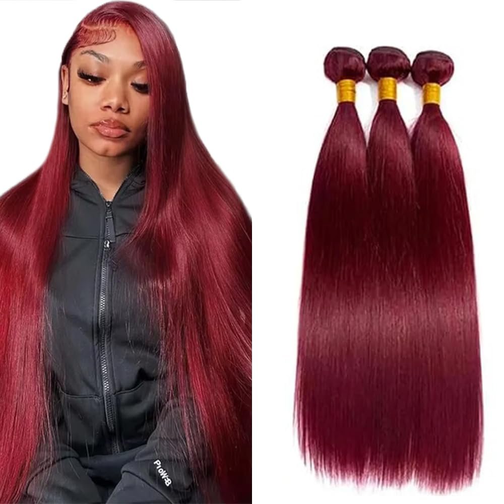 #99J Burgundy Bundles Human Hair Straight Bundles 30 32 34 Inch Burgundy Bundle Human Hair Extensions Unprocessed Virgin Remy Hair 3 Bundle 50 Gram Per Bundle For Black Women