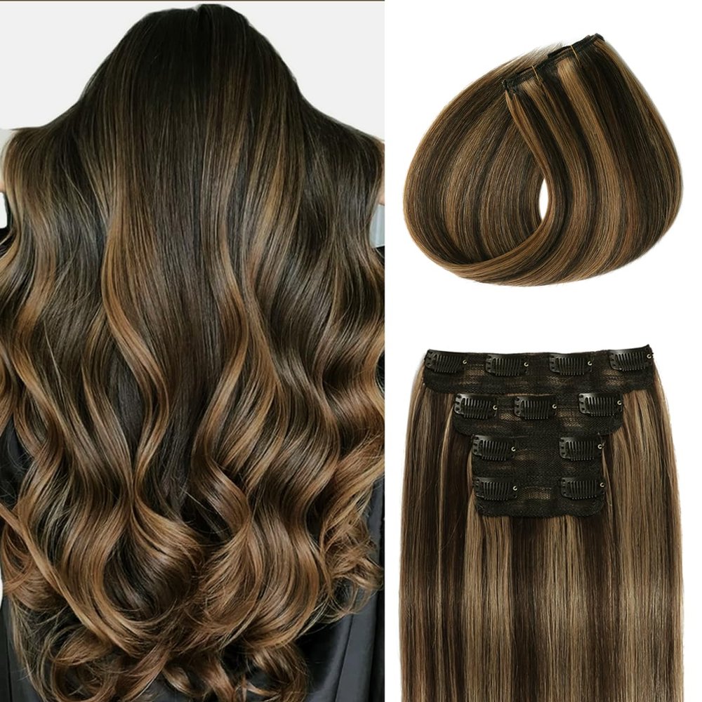 POGINJA Clip in Hair Extensions Real Human Hair, Remy Human Hair Clip Ins for Women, Natural Thick Soft Seamless Clip in Extensions, 24 Inch 4PCS 100g #2/6 Balayage Dark Brown to Chestnut Brown