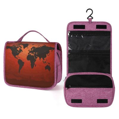 KHAUERBC Red And Brown World Map Toiletry Bag for Men Women,Portable Hanging Hook Makeup Bag Organizer,Cosmetic Bag for Accessories, Shampoo, Full-size Container,Toiletries
