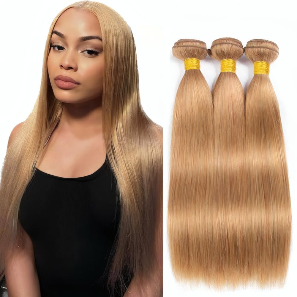 LOIUMGUU Honey Blonde Straight Human Hair Bundles Color #27 Blonde Human Hair 3 Bundles 16 18 20 Inch Unprocessed Brazilian Virgin Remy Sew In Hair weave Real Soft Quick Weave Hair for Women