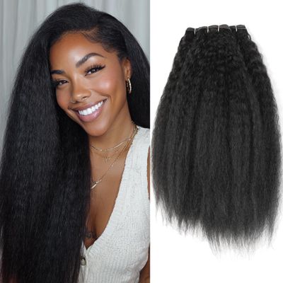 Kinky Straight Bundles Human Hair Mixed 20 22 24Inchs Yaki Straight Human Hair Bunldes Mixed Synthetic 3pcs Brazilian Virgin Remy Weft Extensions For Black Women Black Color