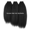 Kinky Straight Bundles Human Hair Mixed 20 22 24Inchs Yaki Straight Human Hair Bunldes Mixed Synthetic 3pcs Brazilian Virgin Remy Weft Extensions For Black Women Black Color view 2
