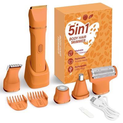 KINGTEE 5-in-1 Electric Bikini Trimmer for Women IPX7 Waterproof Shaver, Cordless Body & Facial Razors for Women, Ceramic Blades, USB-C Rechargeable, Painless Hair Removal Kit (Pure Orange)