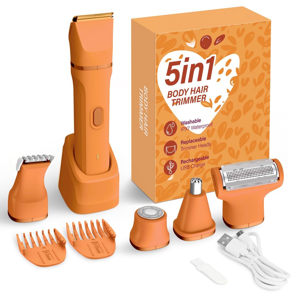 KINGTEE 5-in-1 Electric Bikini Trimmer for Women IPX7 Waterproof Shaver, Cordless Body & Facial Razors for Women, Ceramic Blades, USB-C Rechargeable, Painless Hair Removal Kit (Pure Orange)