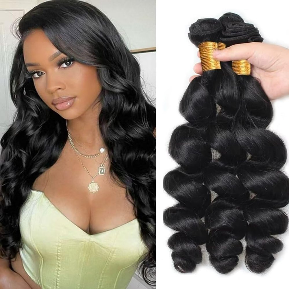 Loose Wave Bundles Human Hair 3Bundles Brazilain Virgin Loose Wave Human Hair Bundles Natural Black Color Can be Dyed (Natural Black, 12 14 16 Inch)