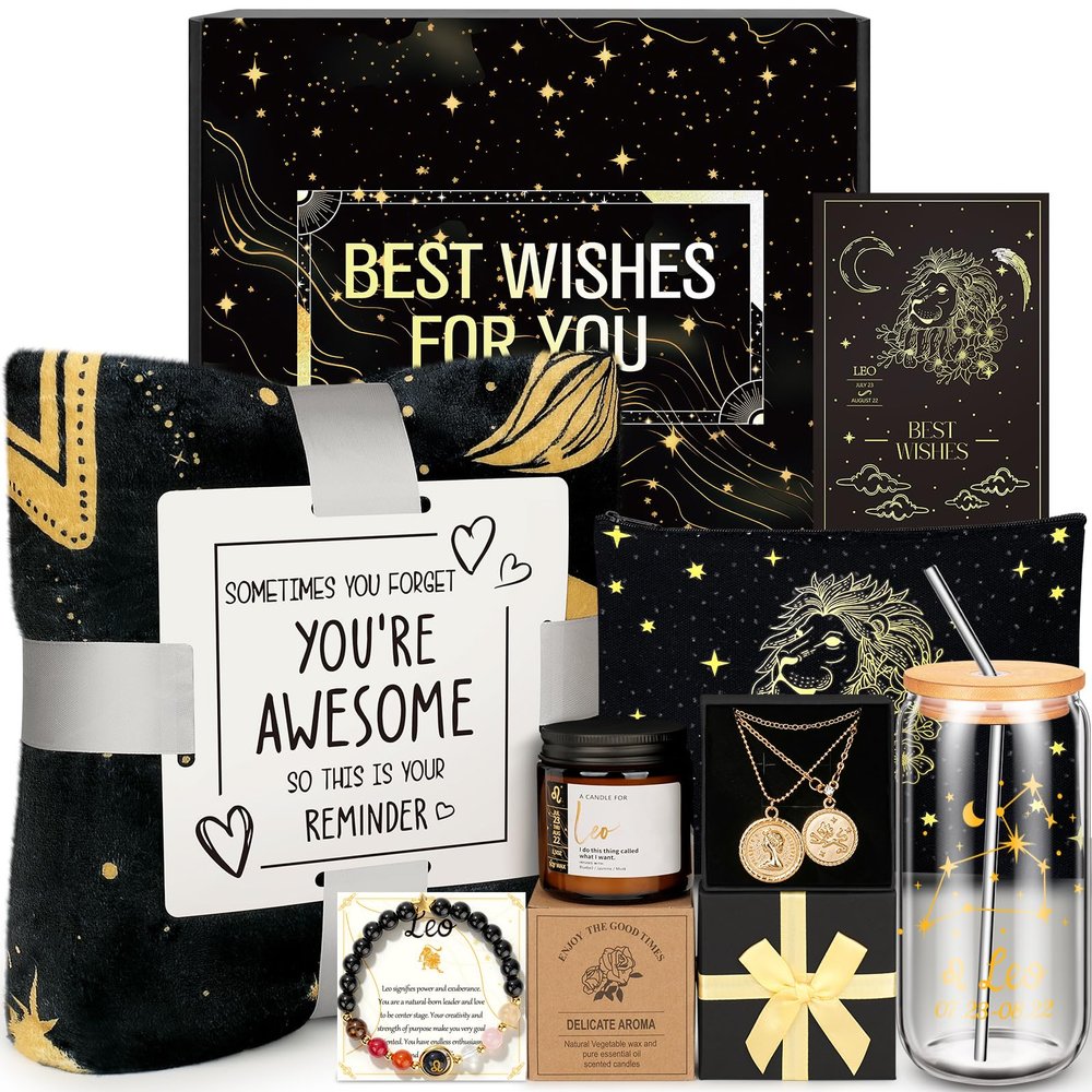 Leo Gifts for Women-Leo Birthday Gifts for Women,Her, Mom, Wife, Self Care Package,Get Well Soon, Birthday Mother's Day Baskets Astrological Baskets with Blanket