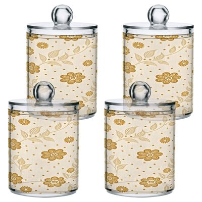 Qilmy Vintage Flowers Qtip Holder 4 Pack, 14 oz Apothecary Jars Bathroom Vanity Organizer Canister for Qtips, Cotton Swabs, Cotton Balls, Cosmetic Pads, Flossers, Bath Salts