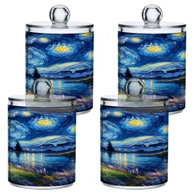 Qilmy Oil Painting Starry Night Qtip Holder 4 Pack, 14 oz Apothecary Jars Bathroom Vanity Organizer Canister for Qtips, Cotton Swabs, Cotton Balls, Cosmetic Pads, Flossers, Bath Salts