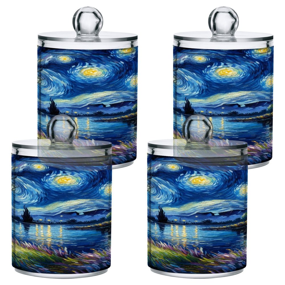 Qilmy Oil Painting Starry Night Qtip Holder 4 Pack, 14 oz Apothecary Jars Bathroom Vanity Organizer Canister for Qtips, Cotton Swabs, Cotton Balls, Cosmetic Pads, Flossers, Bath Salts