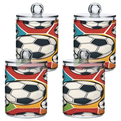 Qilmy Soccer Balls Colorful Qtip Holder 4 Pack, 14 oz Apothecary Jars Bathroom Vanity Organizer Canister for Qtips, Cotton Swabs, Cotton Balls, Cosmetic Pads, Flossers, Bath Salts