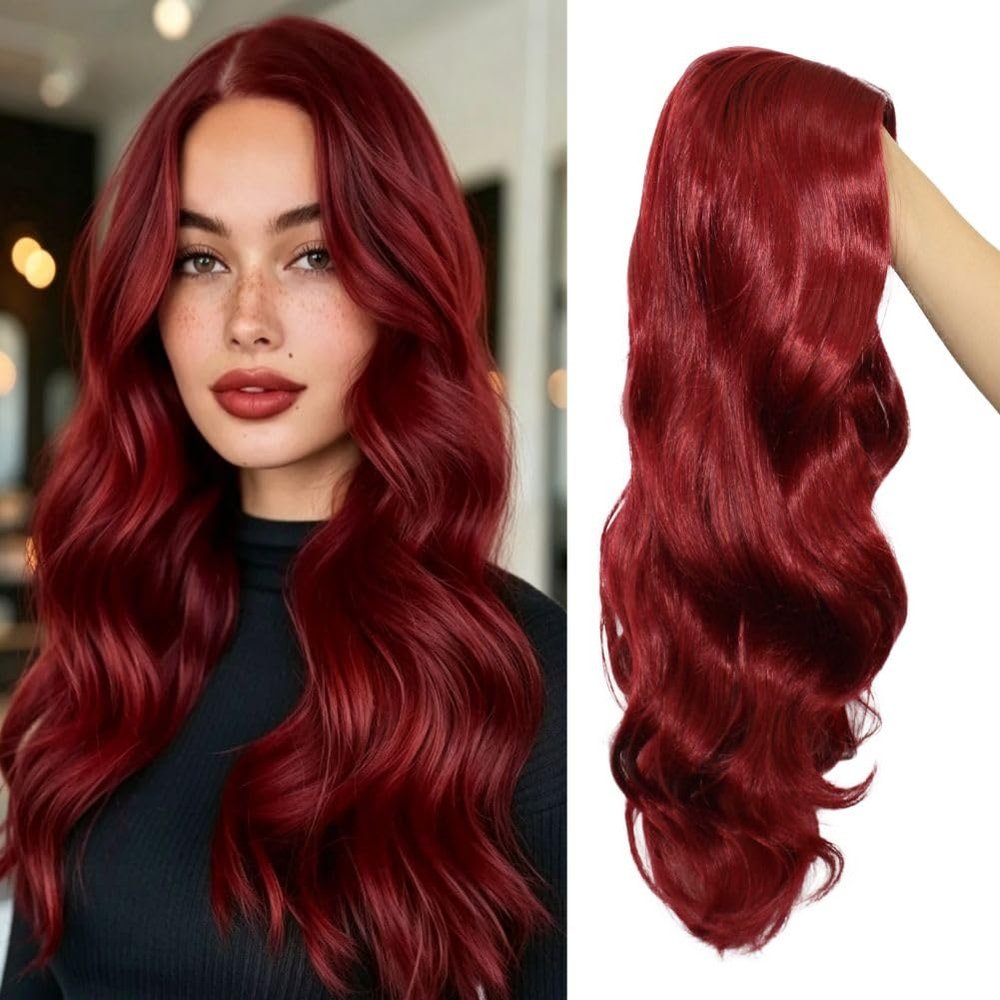 Kisayasi Long Red Wavy Wig for Women Side Part Natural Looking Wig Synthetic Hair Wig for Halloween Cosplay Party Use (Red)
