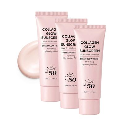 Collagen Glow Sunscreen SPF 50 for Face, Glow Face Sunscreen with Collagen, Broad Spectrum UVA/UVB Protection, Hydrating Formula, Non Greasy & No White Cast, Travel Size (3pc)