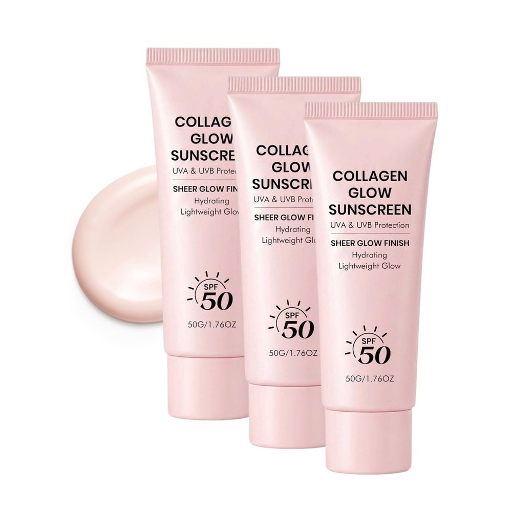 Collagen Glow Sunscreen SPF 50 for Face, Glow Face Sunscreen with Collagen, Broad Spectrum UVA/UVB Protection, Hydrating Formula, Non Greasy & No White Cast, Travel Size (3pc)